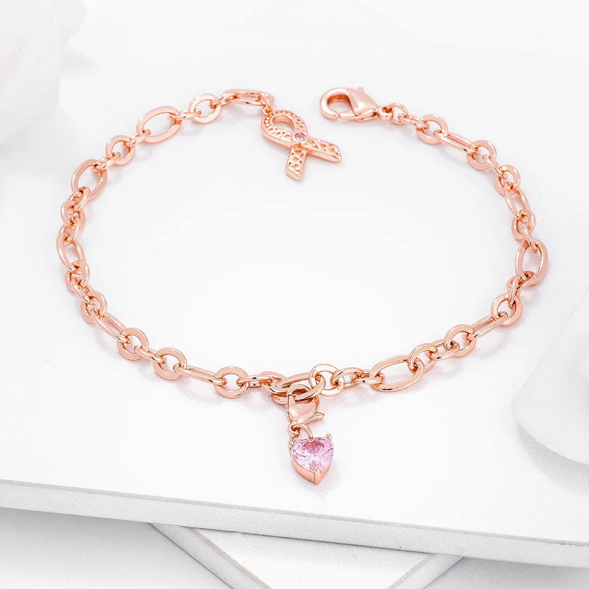 Hope Rose Gold-Plated Breast Cancer Awareness Heart Charm Bracelet