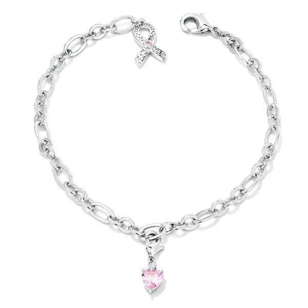 Hope Rhodium-Plated Breast Cancer Awareness Heart Charm Bracelet