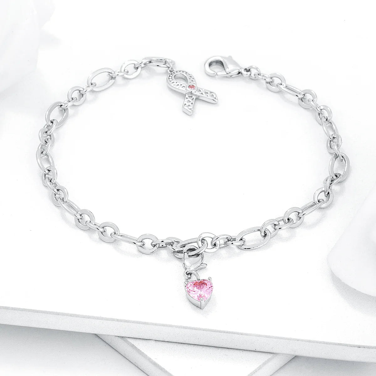 Hope Rhodium-Plated Breast Cancer Awareness Heart Charm Bracelet