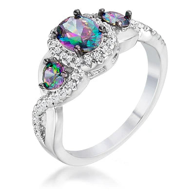 1.43Ct Rhodium & Hematite Plated Mystic & Clear CZ Three Stone Twisted Shank Ring